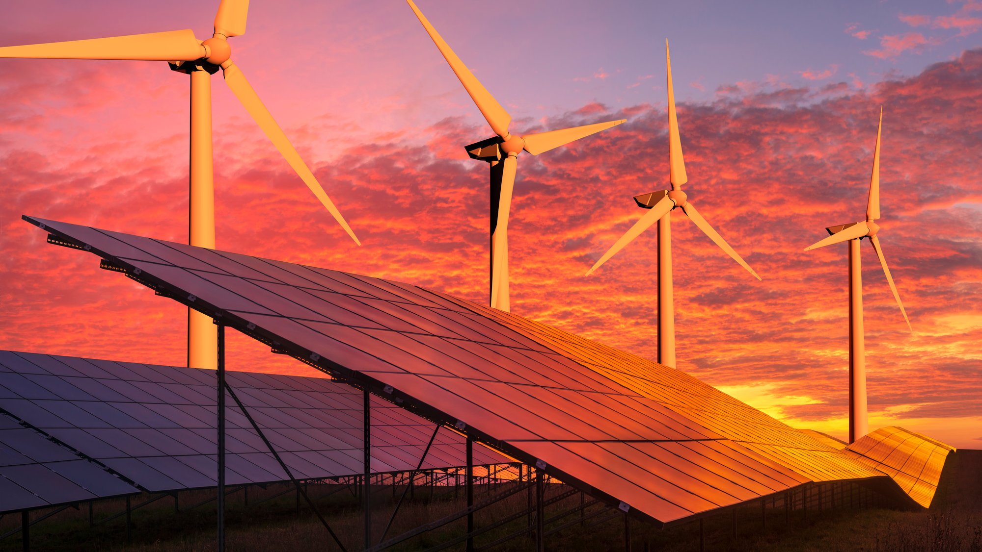 solar panels and wind turbines with pink sunset in background