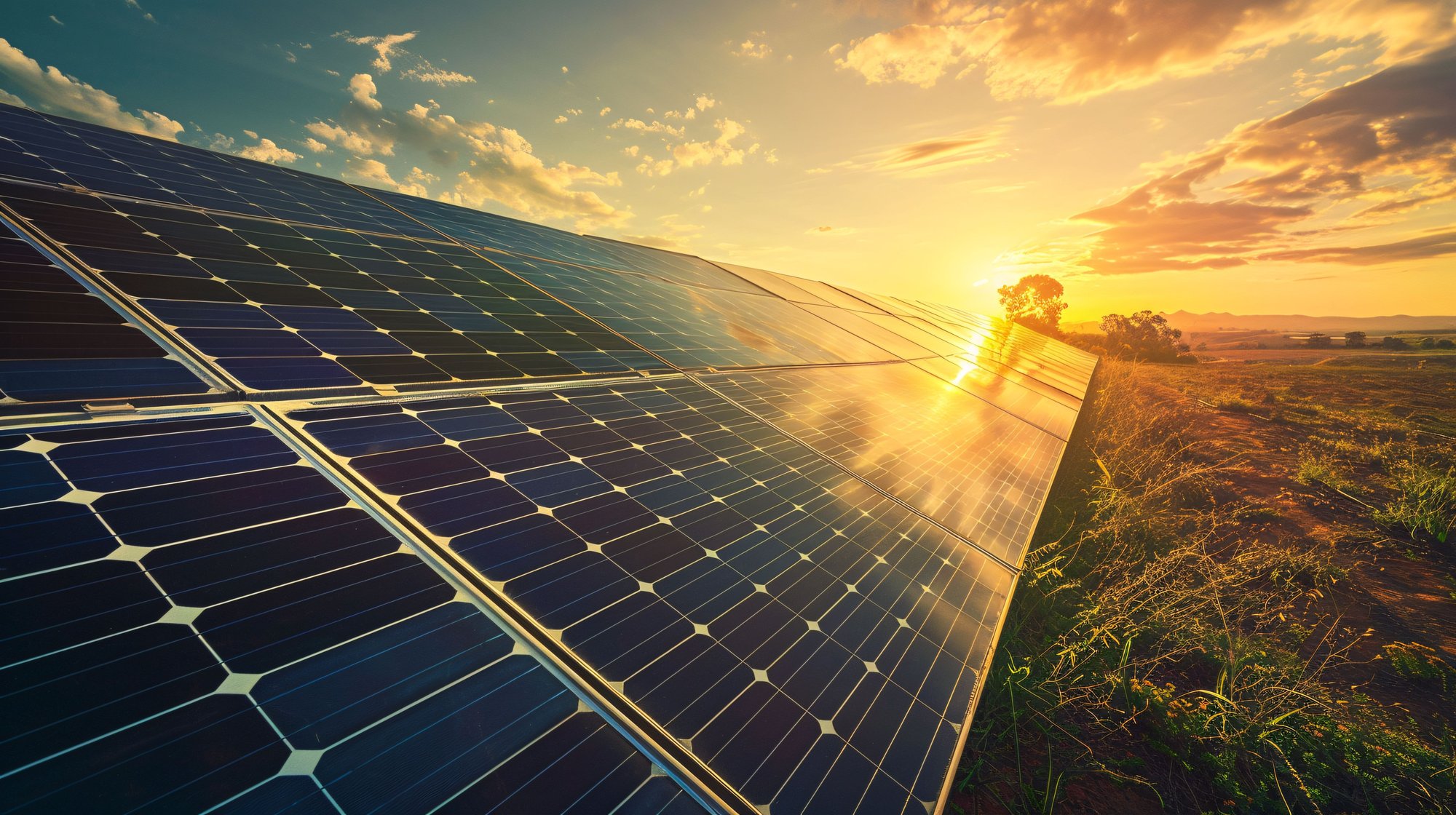 profile of a solar panel close-up with sun setting in background