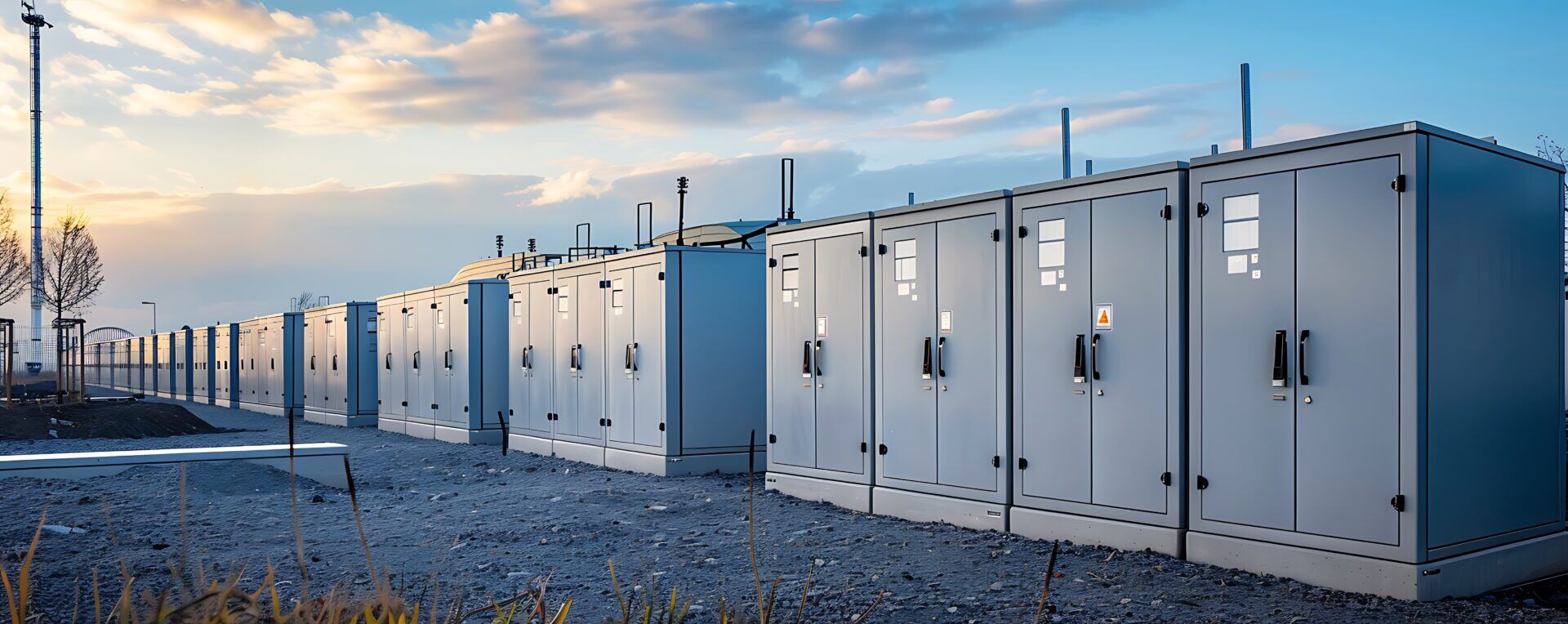 line of battery storage units under a blue sky