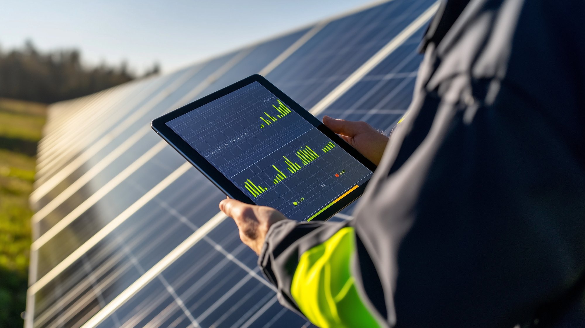 Field technician looking at solar panels