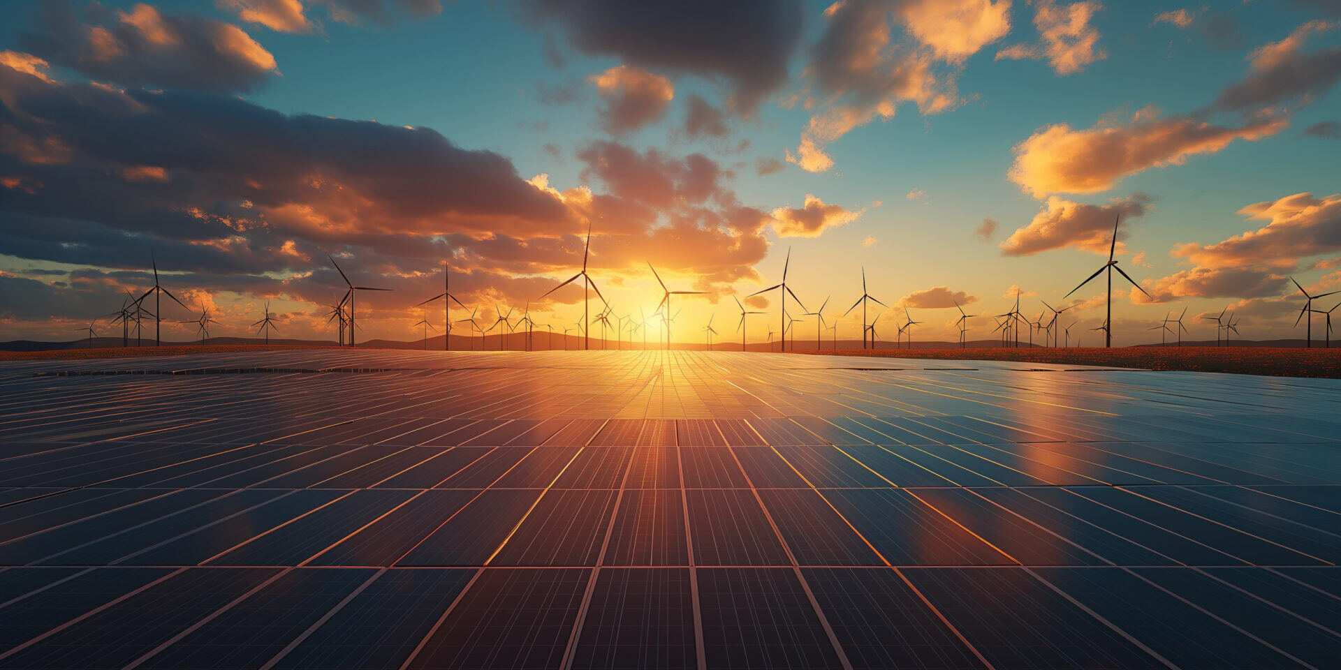 Solar panels and wind turbines at sunset, showcasing Power Factors' COP29 Vision 2045 Global Innovator award