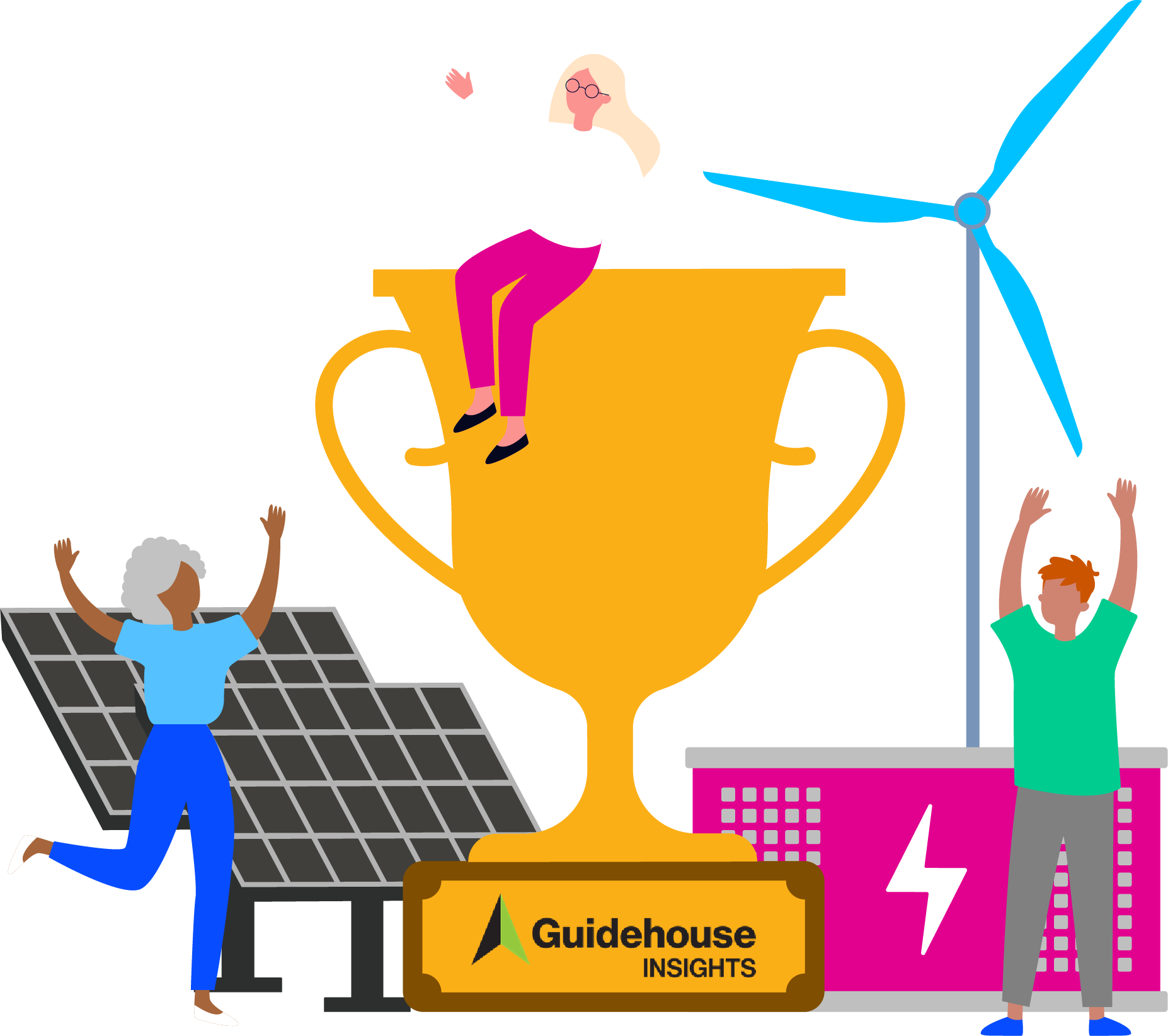 guidehouse insights illustrated trophy with three people excited and solar panels, wind turbine, and batt