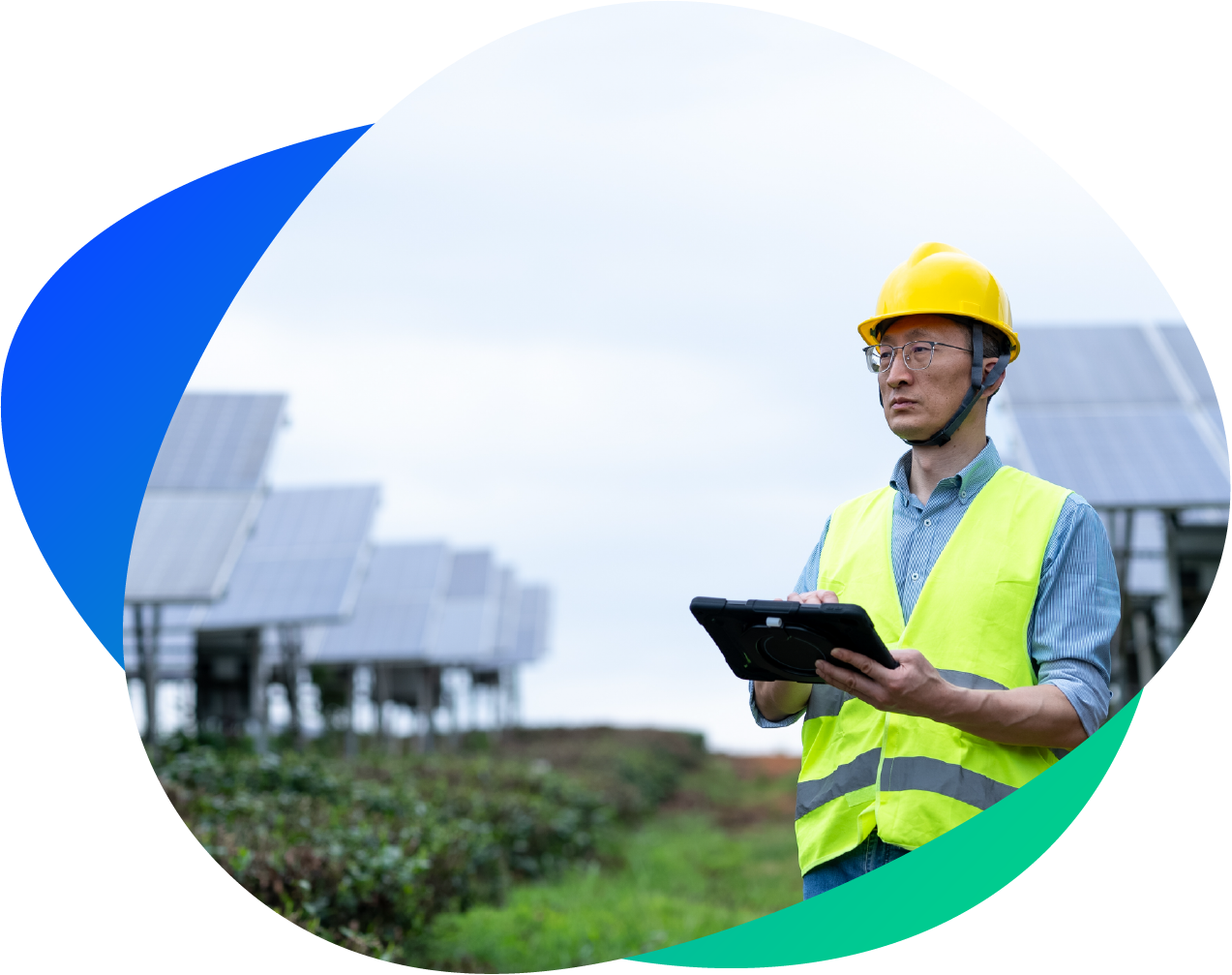 man with a hard hat on and ipad in hand between a row of solar panels outside