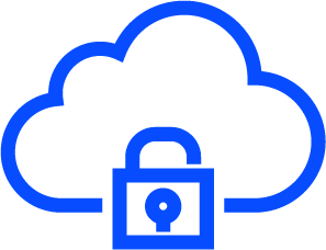 blue line icon of a cloud with a lock icon superimposed on bottom center
